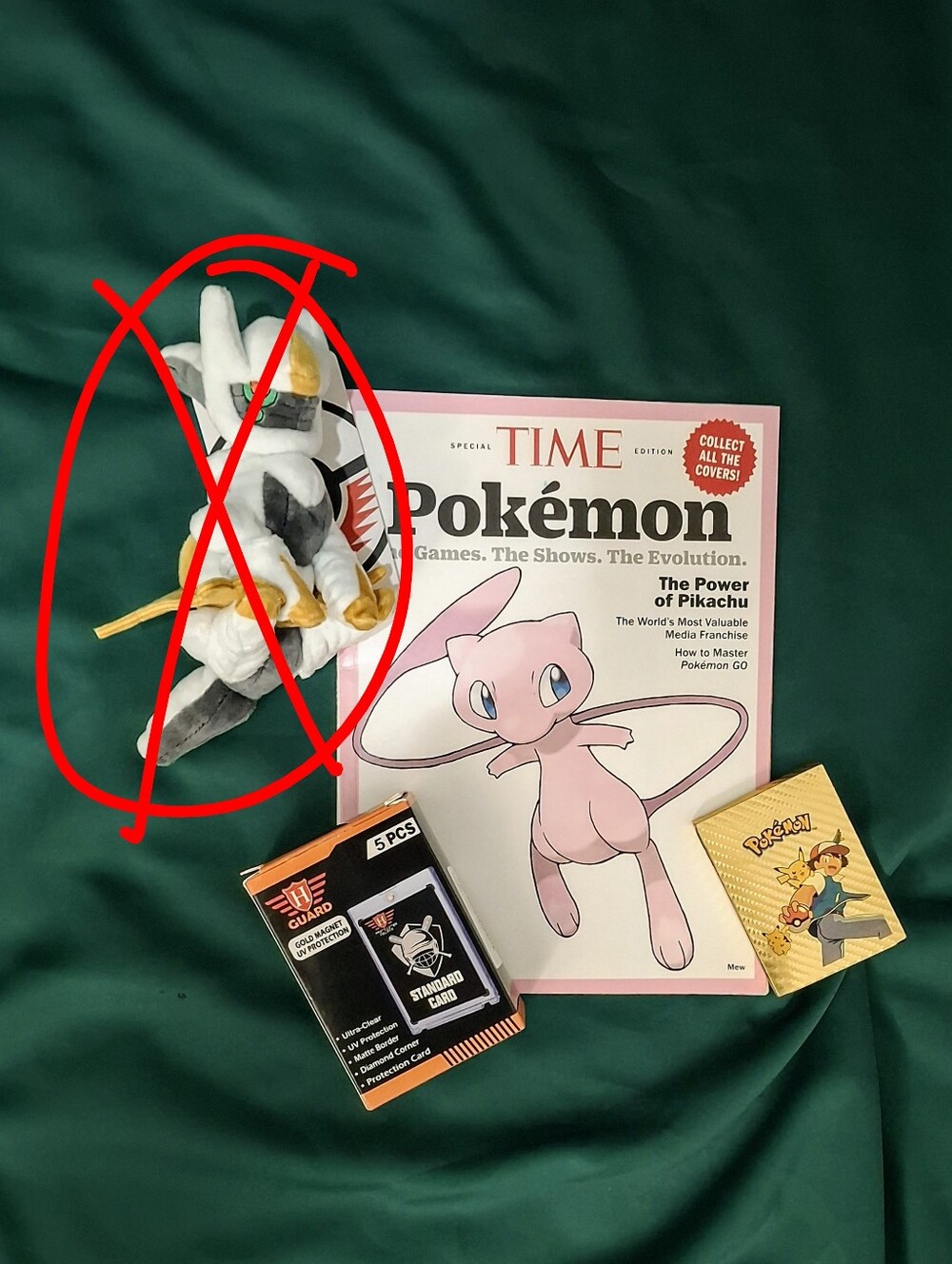 🎁3-Pc. Pokemon BUNDLE- Arceus Plush/Collector Metallic Gold Cards/TIME Magazine